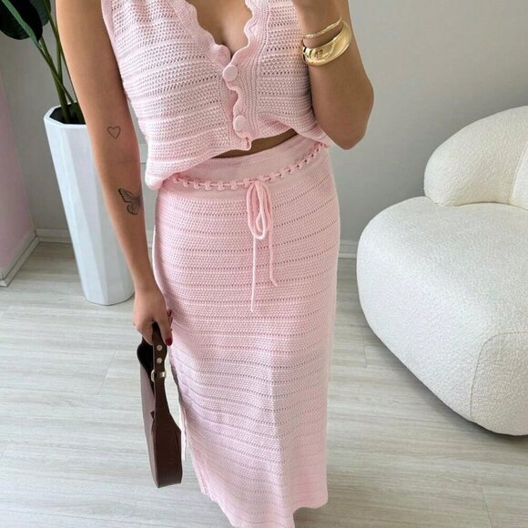 Pink Casual Women's Two Piece Set V-Neck Hollow V-Neck Mushroom - Picture 2 of 4